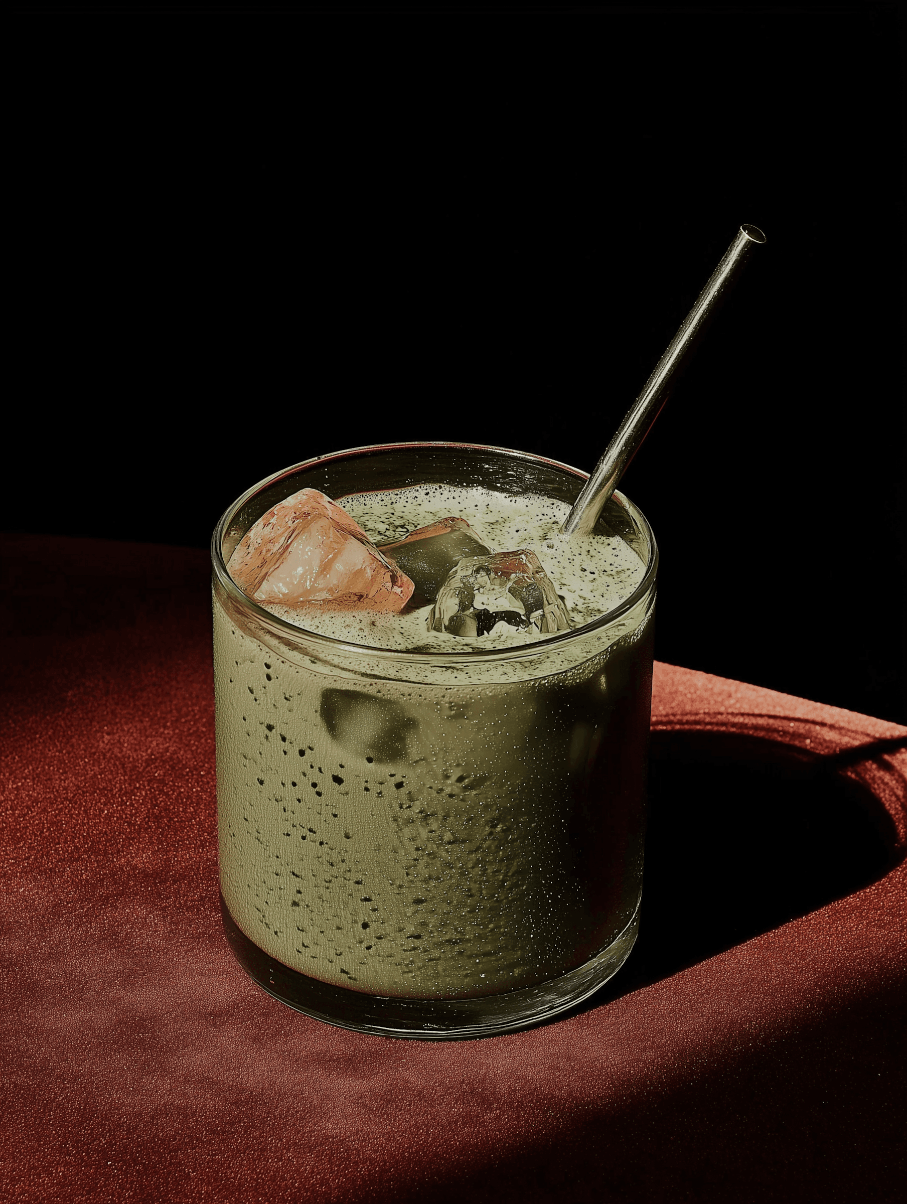 A glass of iced matcha latte with a metal straw, sitting on a red surface against a dark background, showcasing its vibrant green color.