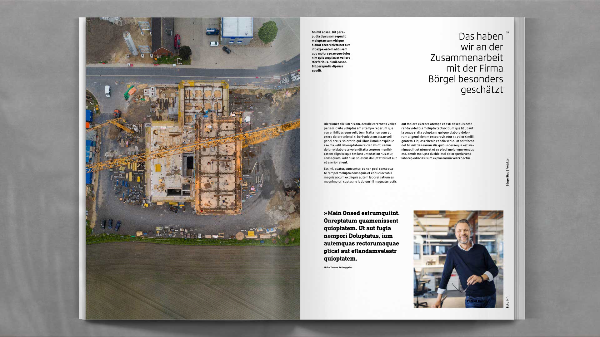 Doppelseite mit Projektbericht aus dem Bereich Ingenieurbau – übersichtlich strukturiert, mit Bild-Text-Komposition und pointierter Farbführung.
