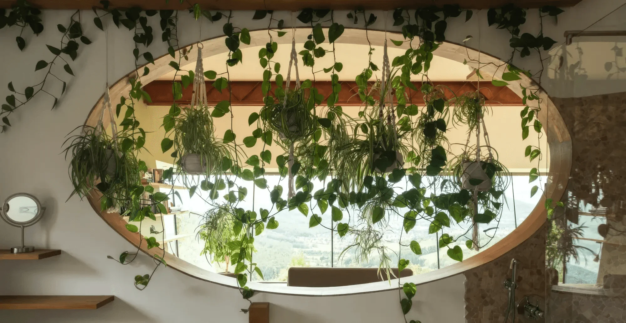 Ovales Fenster mit vielen Hängepflanzen davor, dahinter Wald und Tal