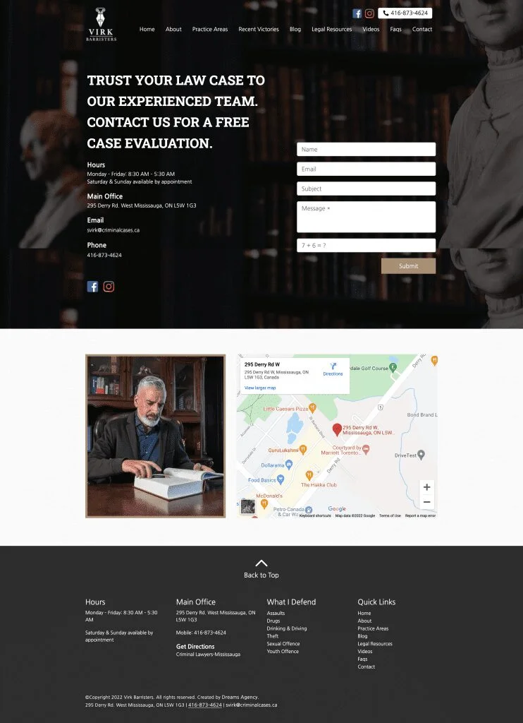 Contact us page for virkbarristers website developed & designed by Dreams Agency Mississauga, Ontario