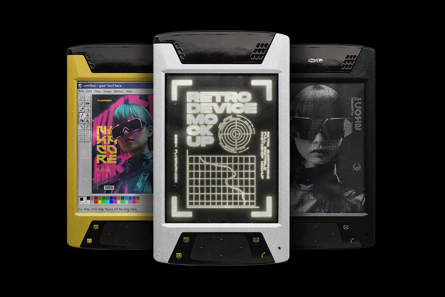 Retro smart device mockup showing early 2000s PDA phone with screen design preview