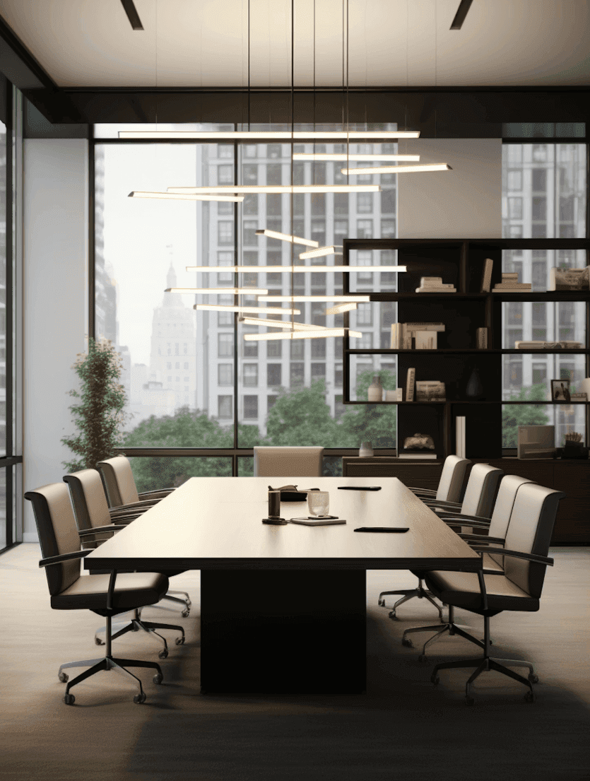 Modern conference room with a long table, black chairs, pendant lighting, and city view