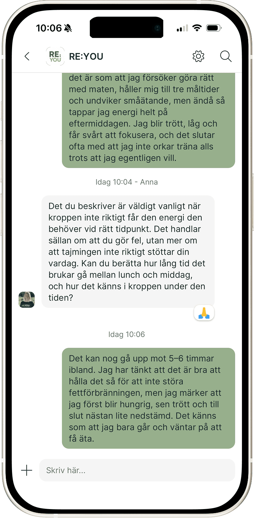 Skärmbild i en mobil som visar appfunktionen där en klient kan chatta direkt med sin coach