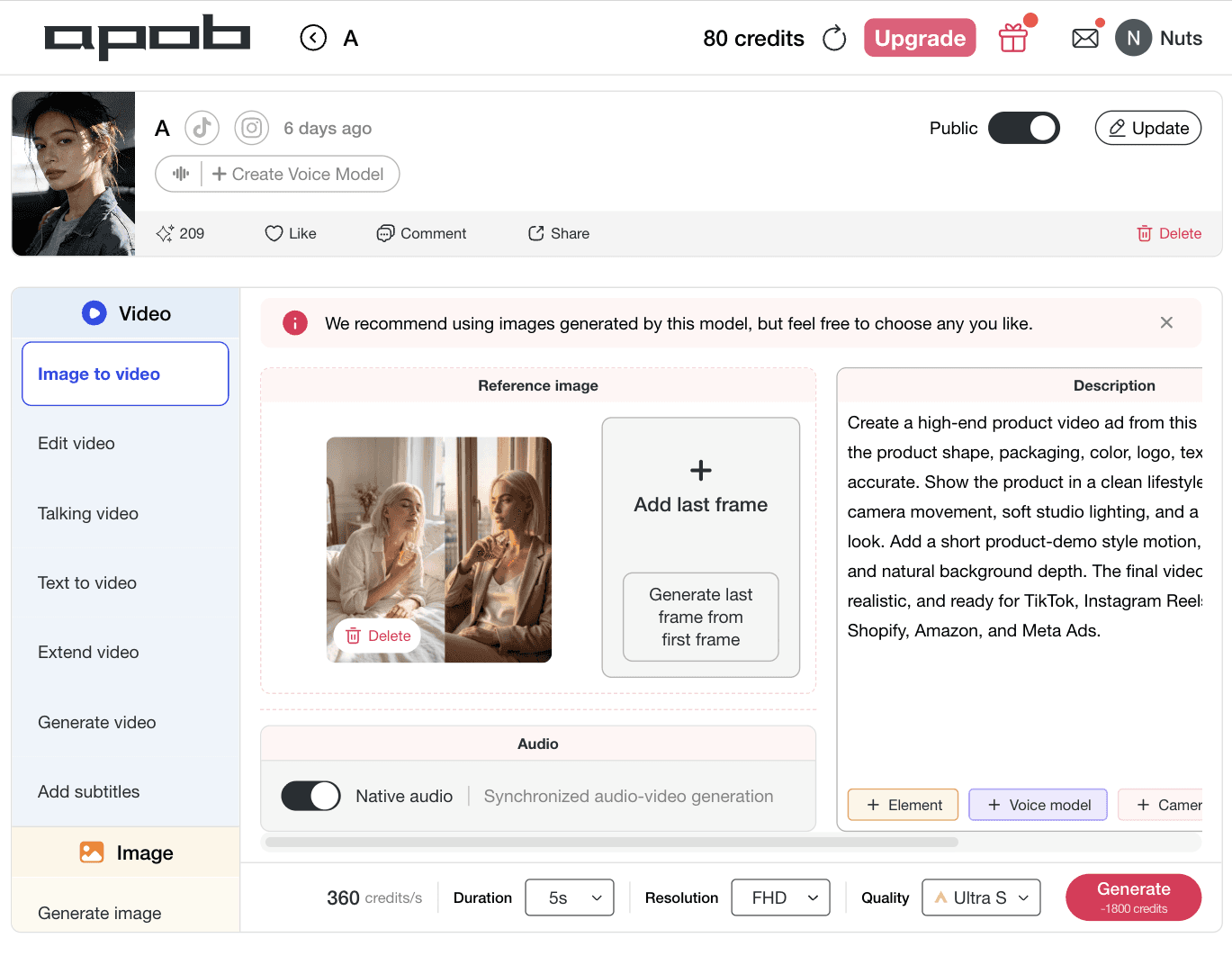 Campo de prompt del generador de videos de producto con IA de APOB AI para crear anuncios de e-commerce desde una imagen de referencia.