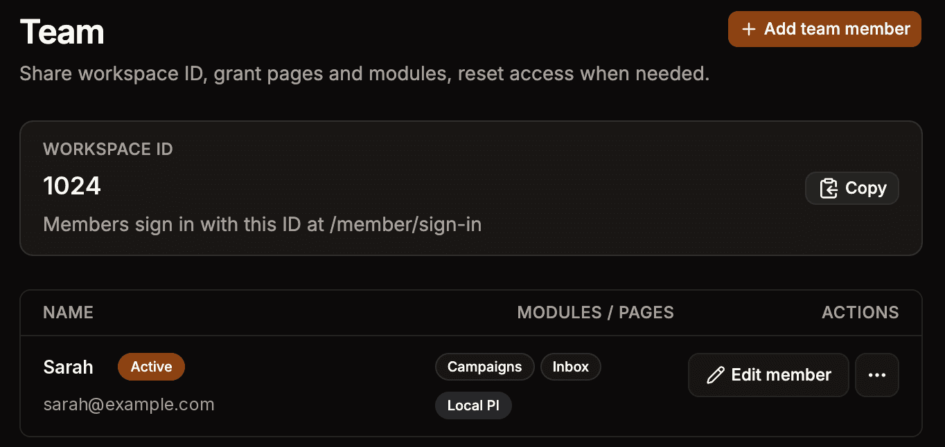 Team page showing the workspace ID card and a team member row with module and page badges