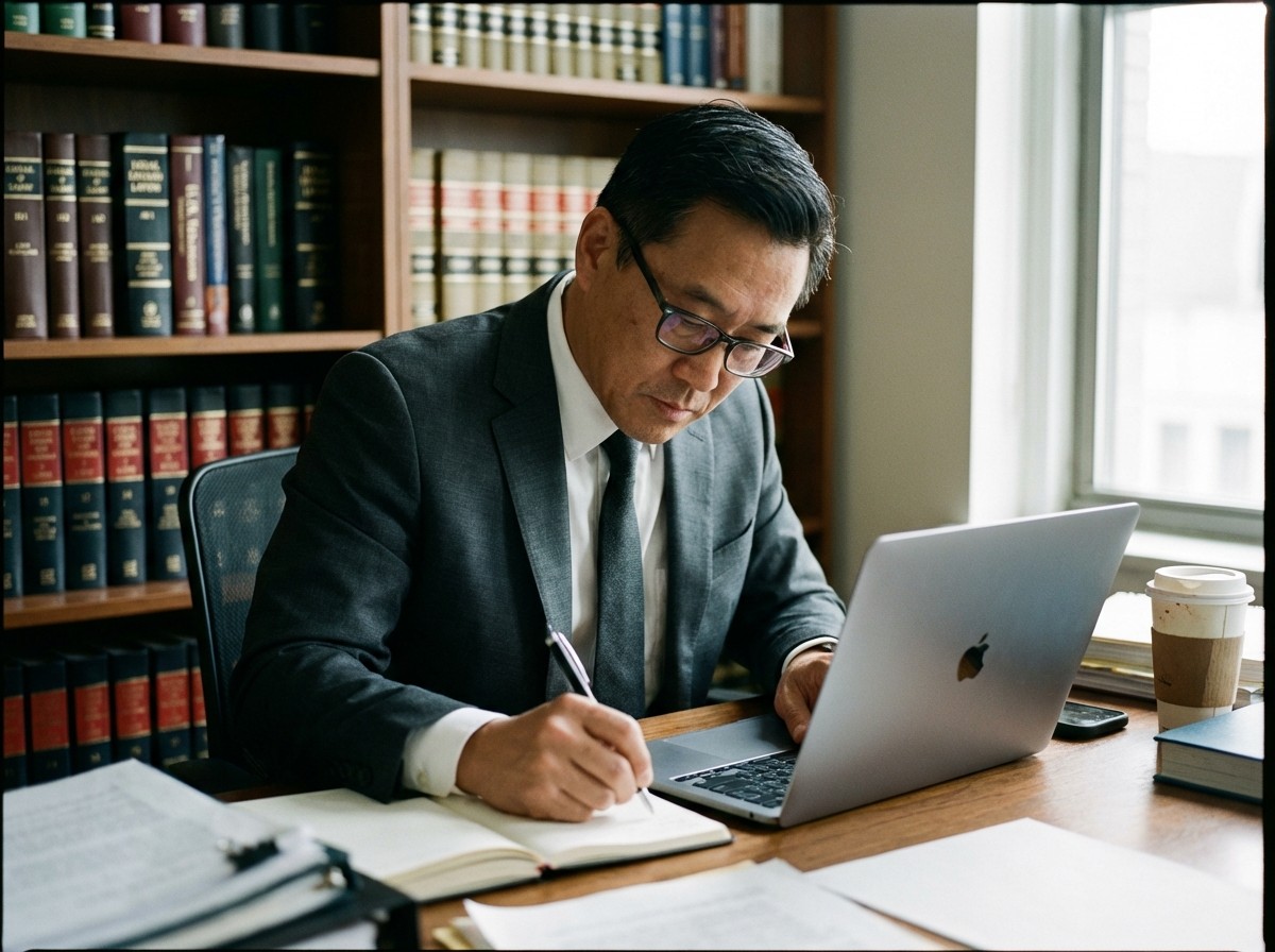 lawyer writing case note and preparing social content during lunch