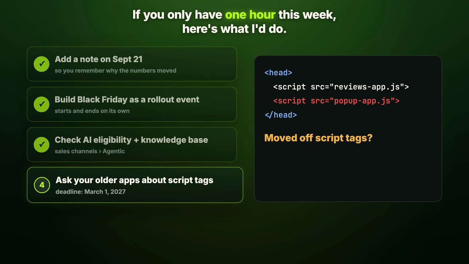 A 4-step Black Friday checklist: add a note on Sept 21, build Black Friday as a Rollout Event, check AI eligibility and the knowledge base, ask your apps about script tags