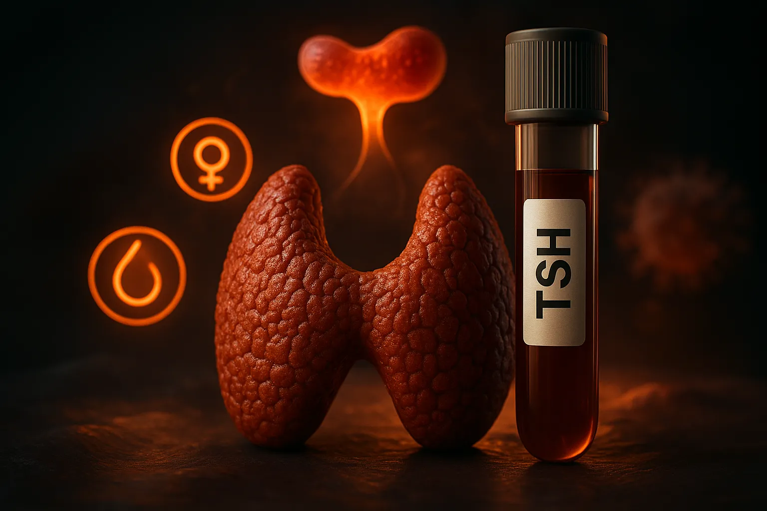 TSH blood sample vial beside stylized thyroid gland with glowing hormone icons