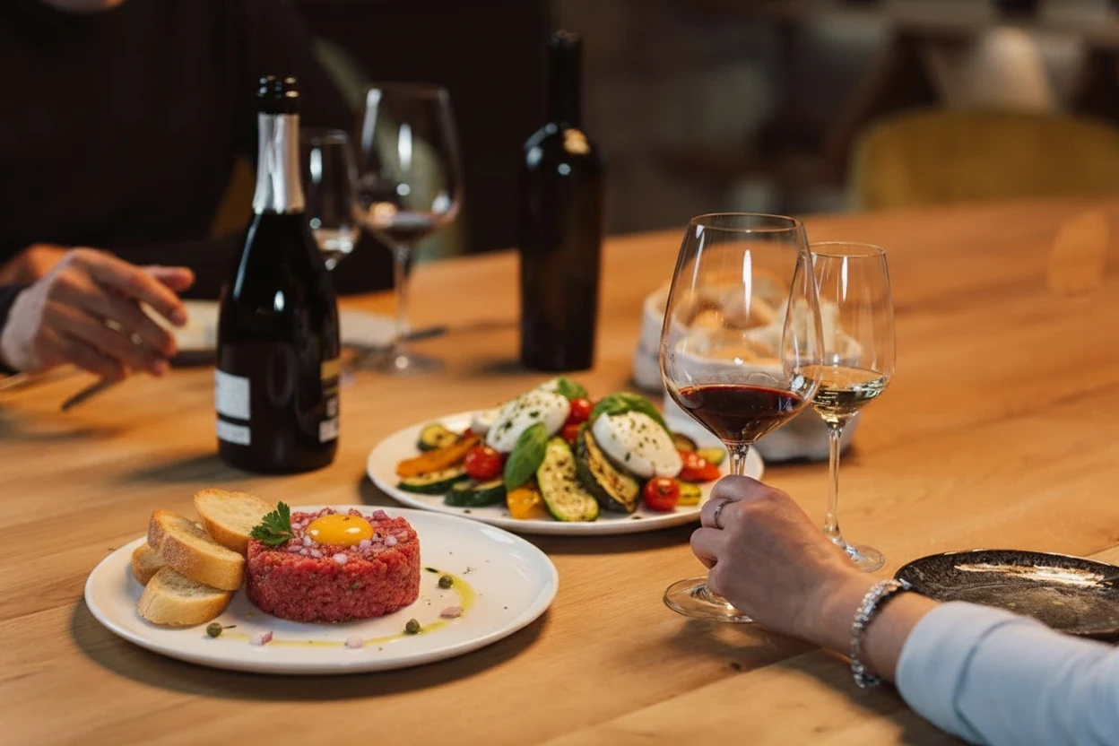Tatar mit Eigelb und Röstbrot, daneben gegrilltes Gemüse mit Mozzarella und zwei Gläser Wein