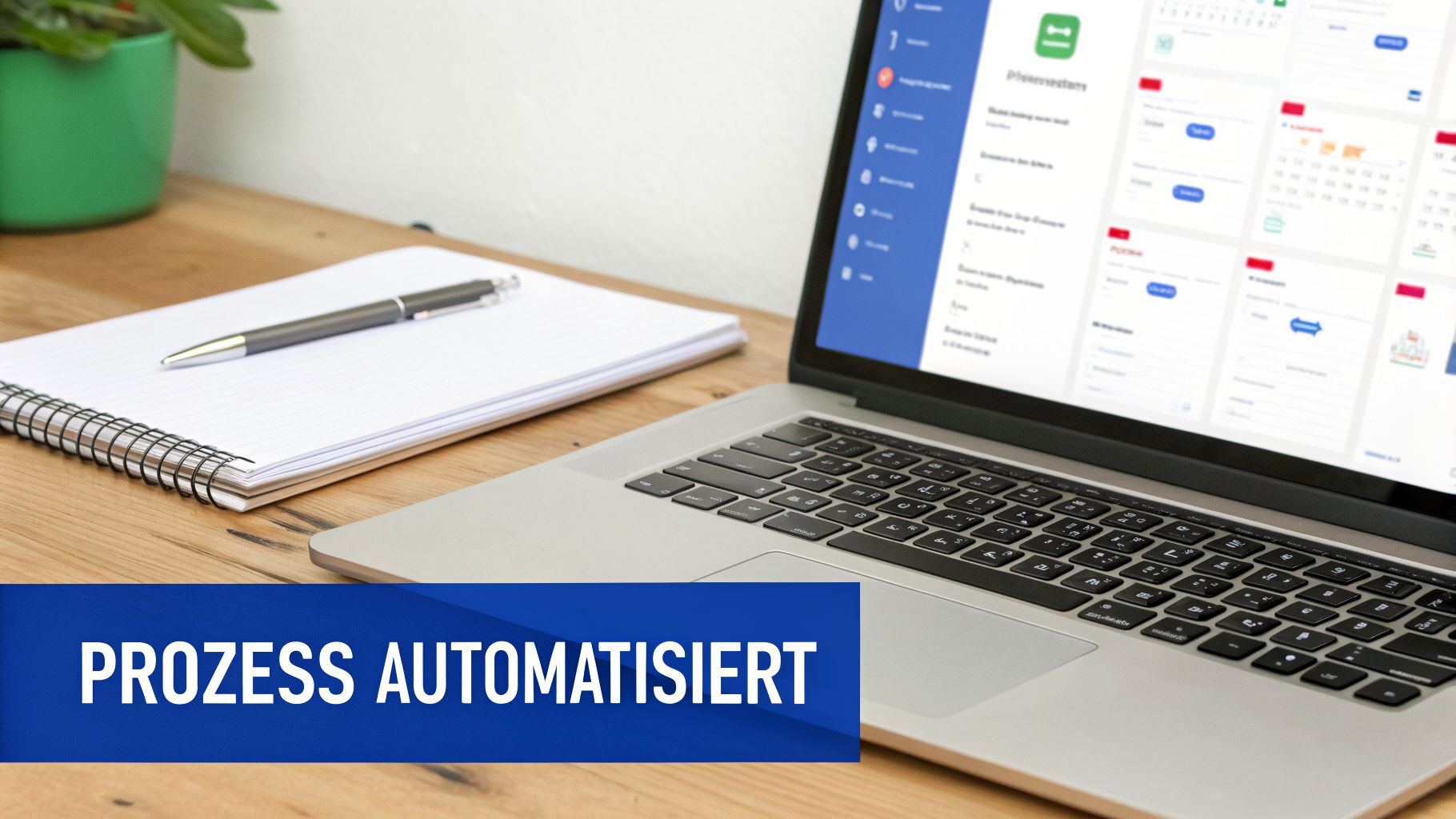 Ein geöffneter Laptop zeigt eine automatisierte Software auf einem Schreibtisch neben einem Notizbuch und Stift.