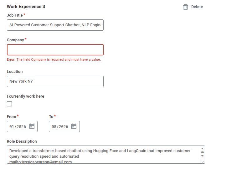 Workday application form showing a resume project parsed as a job, with an empty Company field and a required-field error