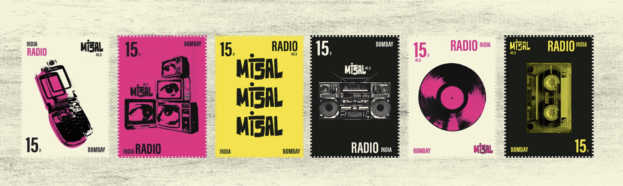 Collection of Misal radio FM 46.5 India radio themed vintage stamp designs in pink, yellow and black with vinyl, cassette and boombox graphics.