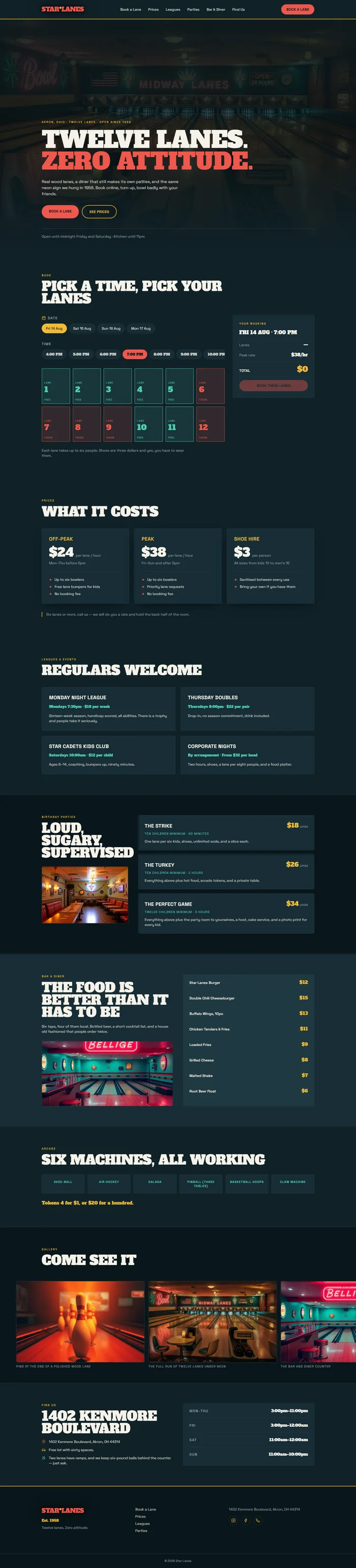 Full bowling alley website design: neon hero, lane booking, prices, leagues, parties, diner