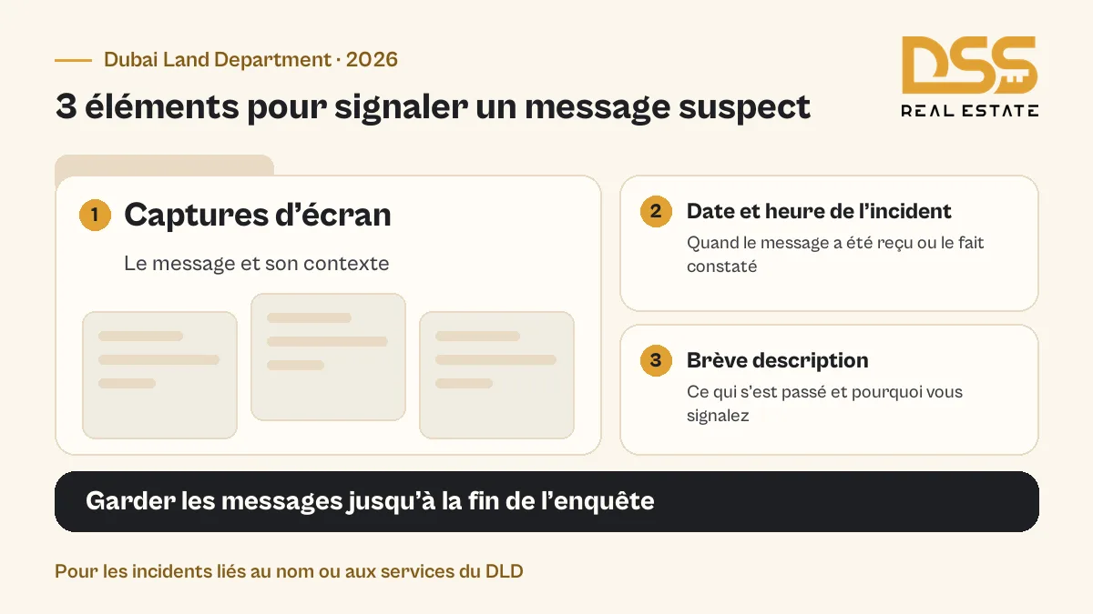 Éléments demandés par le Dubai Land Department pour signaler un message suspect : captures, date et heure, description.