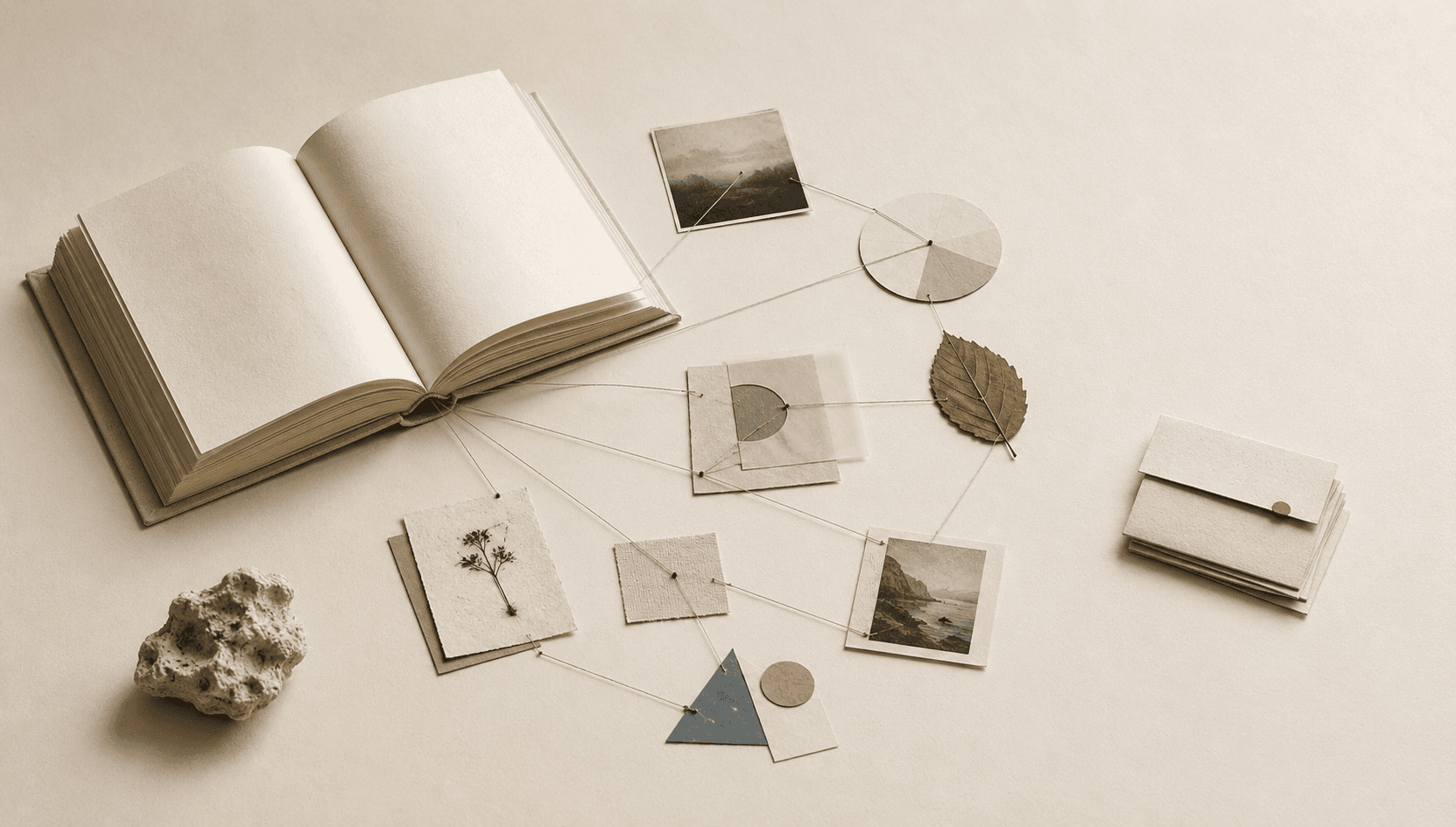 An open book on a warm cream surface, with delicate threads connecting its pages to photographs, natural specimens, and abstract paper shapes, illustrating how deep reading creates a rich web of ideas and associations.