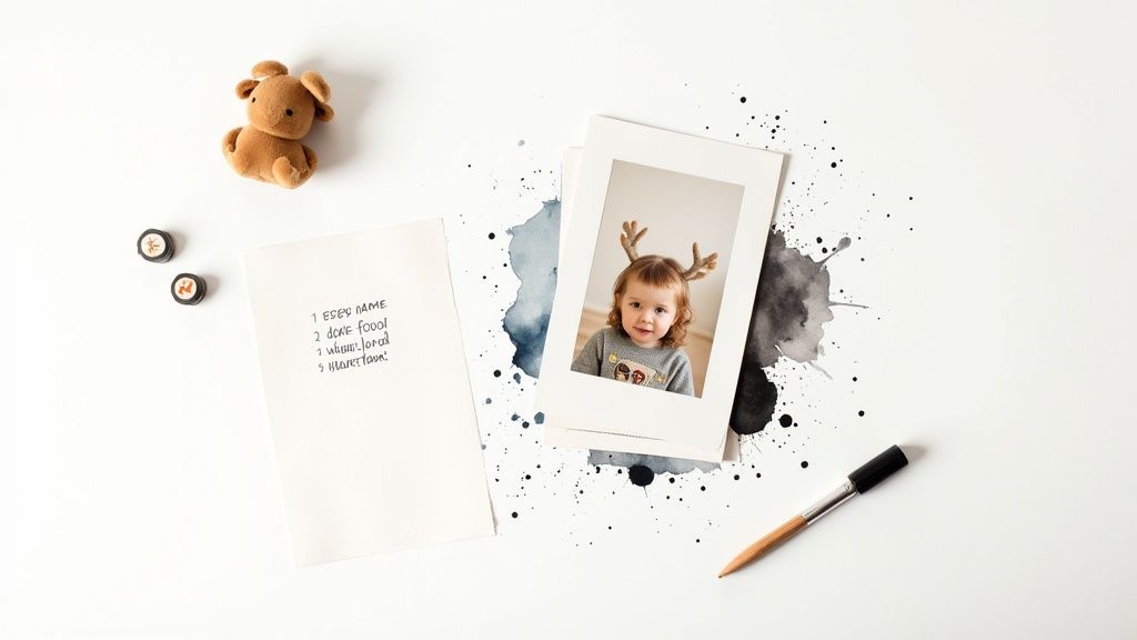 A flat lay of a stuffed animal, magnets, a handwritten list, photos, watercolor splashes, and a pen on white.