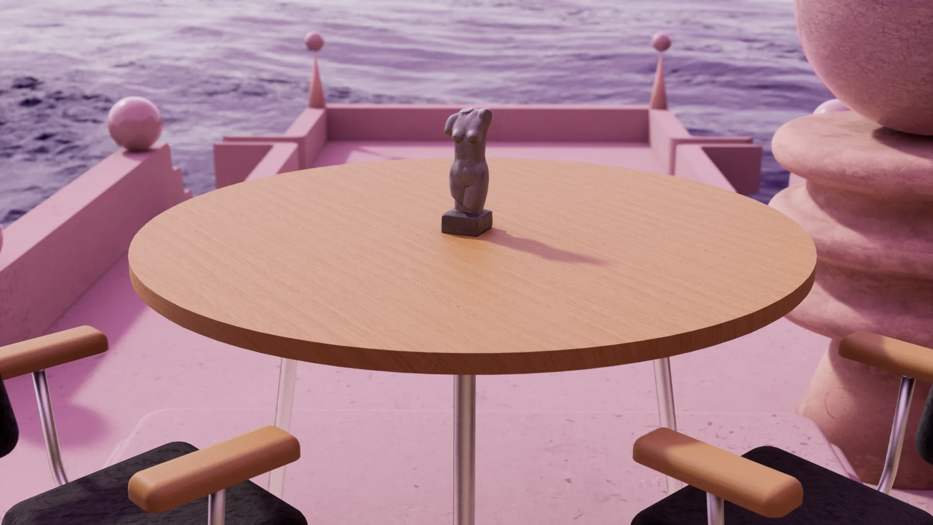 Tienda y Taller 3D render — chair and table setting among pink sculptural columns