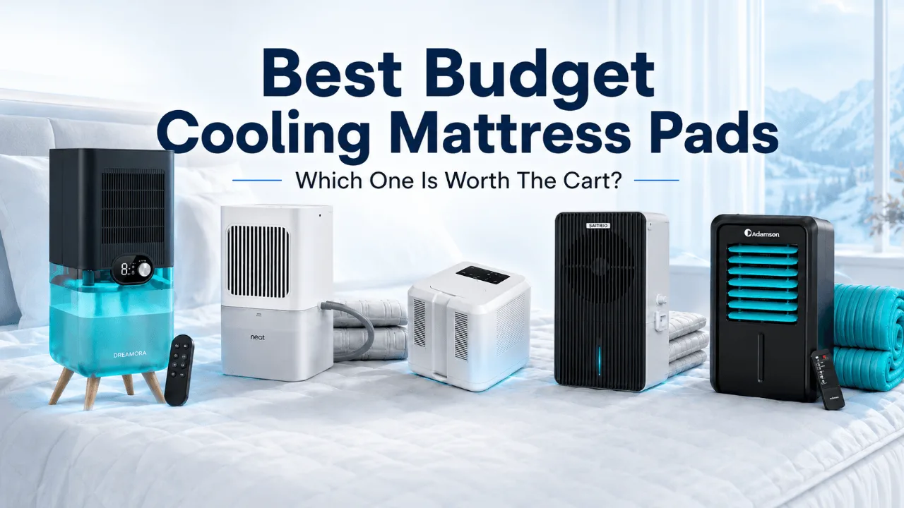 Various cooling mattress pads on a white bed.