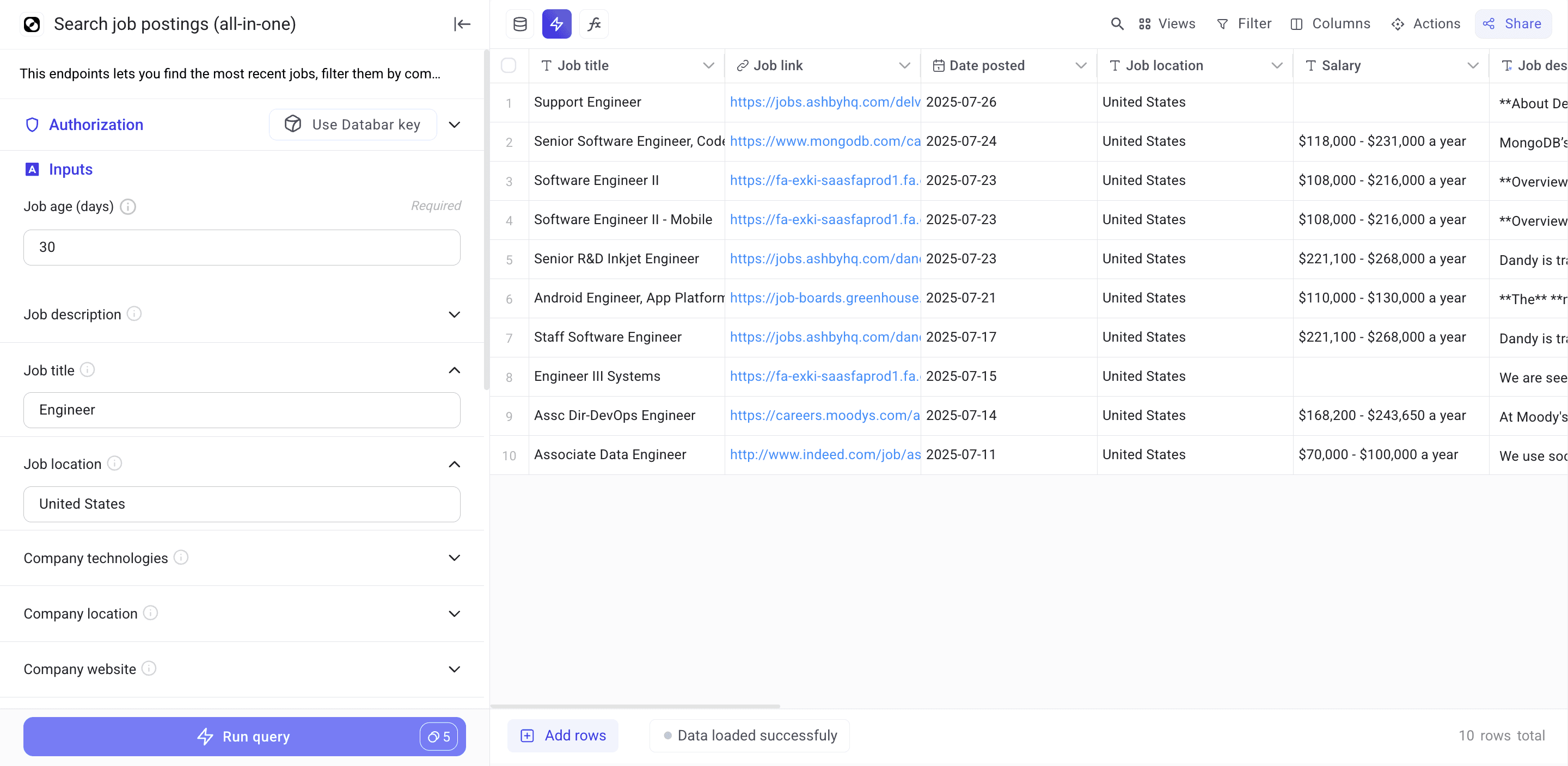 TheirStack result table