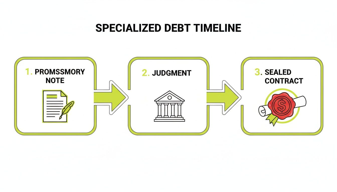 A timeline illustrating the specialized debt process: promissory note, judgment, and sealed contract.