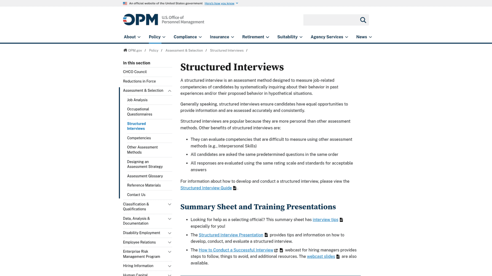OPM structured interview guidance page