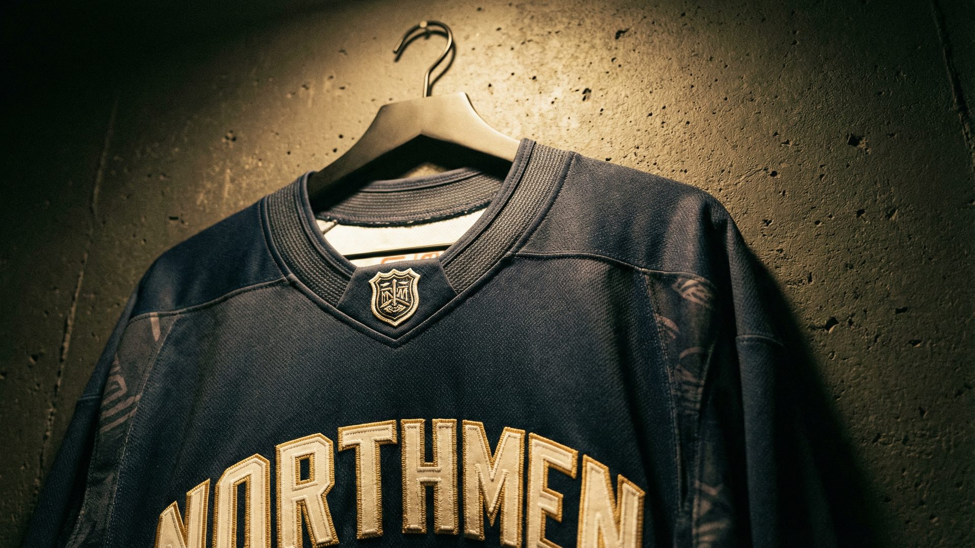 An extreme close-up of a premium custom hockey jersey hanging on a matte black metal hanger against a dark charcoal concrete wall, showing intricate layered twill lettering on the chest, detailed embroidery on the crest, custom woven neck tape, and a sublimated pattern on the side panels, lit by a single warm spotlight from above.