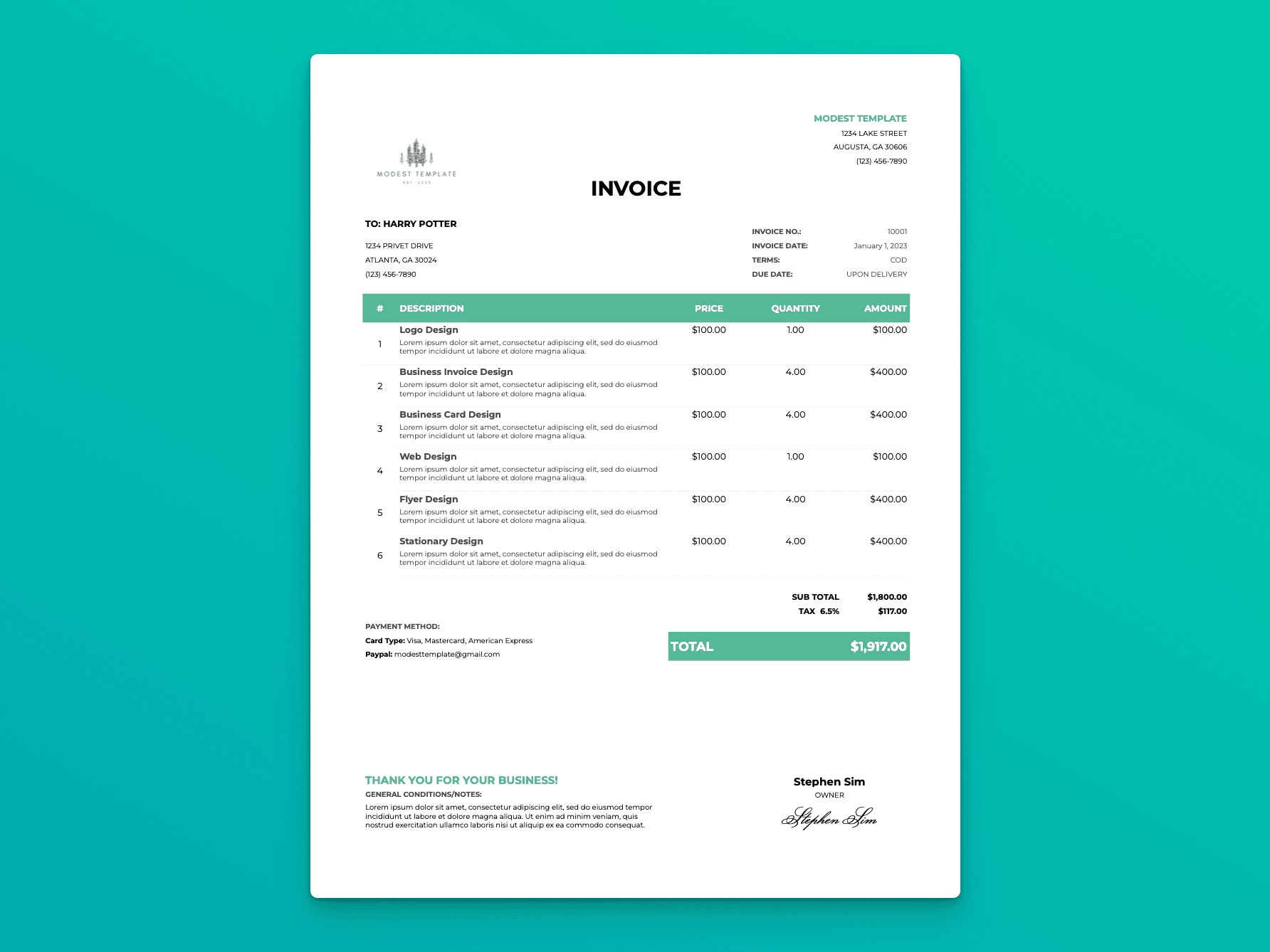 Invoice template featuring a detailed itemized breakdown, payment summary, and client billing information.