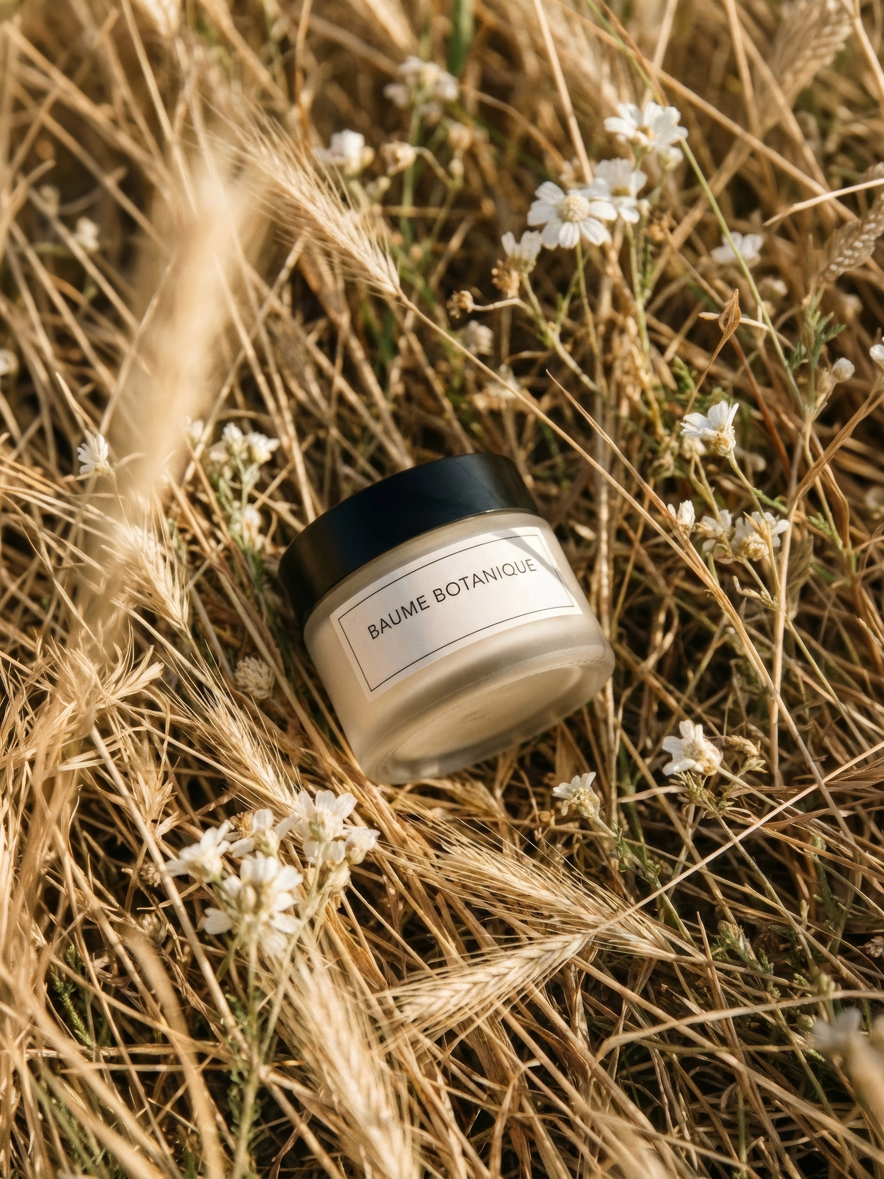 Barattolo di crema viso 'Baume Botanique' in vetro satinato adagiato nell'erba secca con piccoli fiori bianchi. Fotografia skincare stile naturale e organico.
