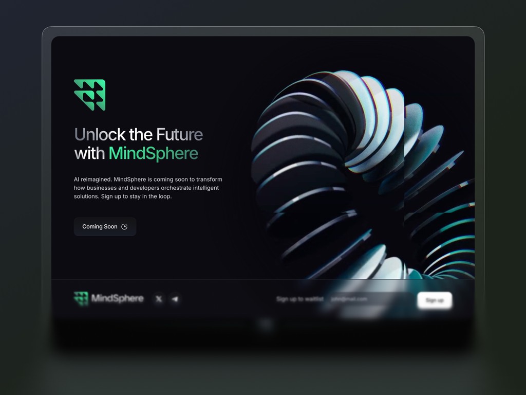 Showcase of MindSphere’s dark UI dashboard featuring modular AI team structures and token visuals