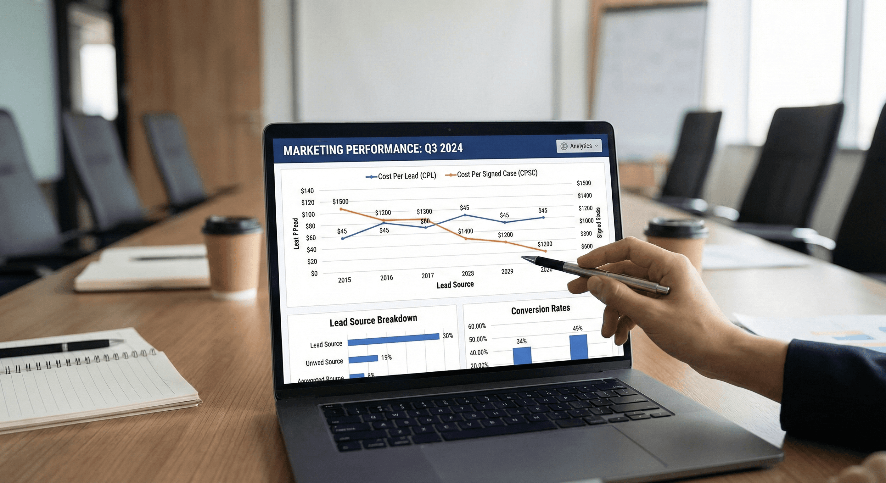 Analytics dashboard tracking cost per case, a vital metric for optimizing Facebook ads for law firms.png
