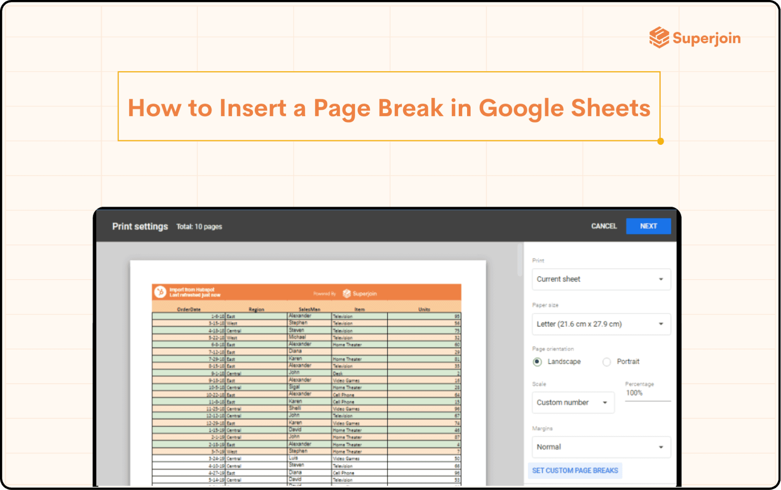 google sheets page break