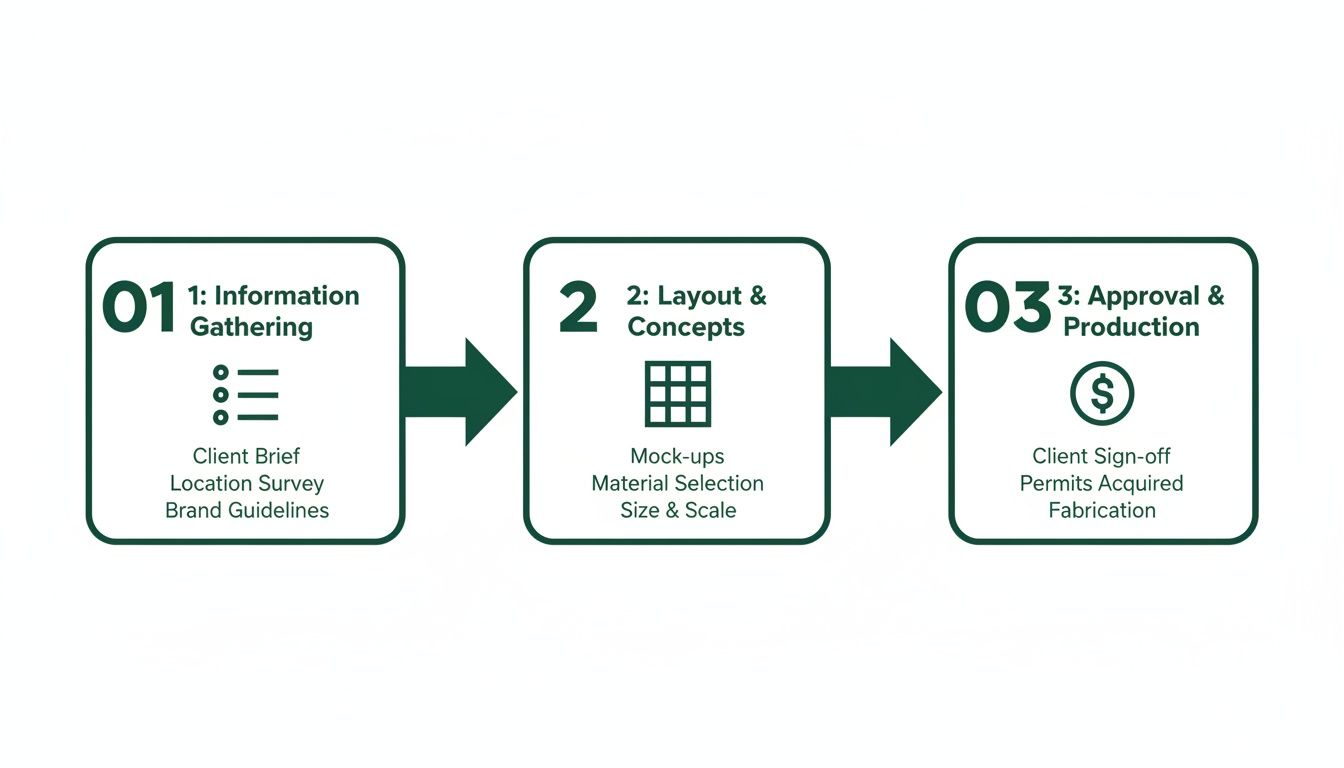 A three-step process flowchart for project management, detailing information gathering, layout, and production stages.