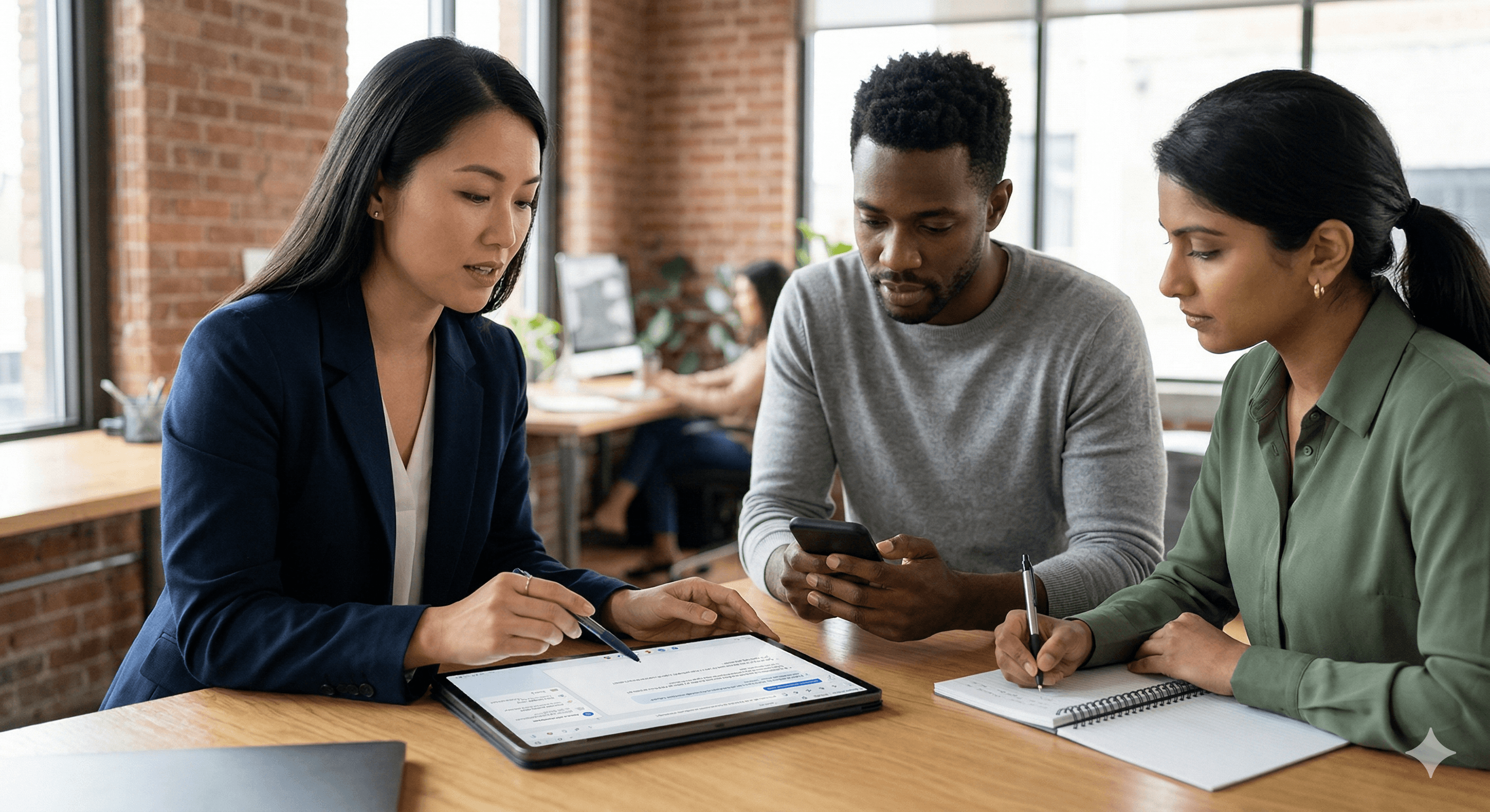 A group of professionals in a modern office setting is focused on a tablet displaying data related to Samsung Browsing Assist, emphasizing collaborative technology solutions powered by Perplexity APIs for enhancing productivity across various devices.
