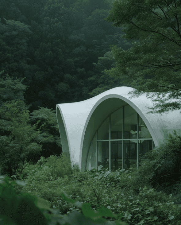Curved white pavilion structure surrounded by lush forest vegetation