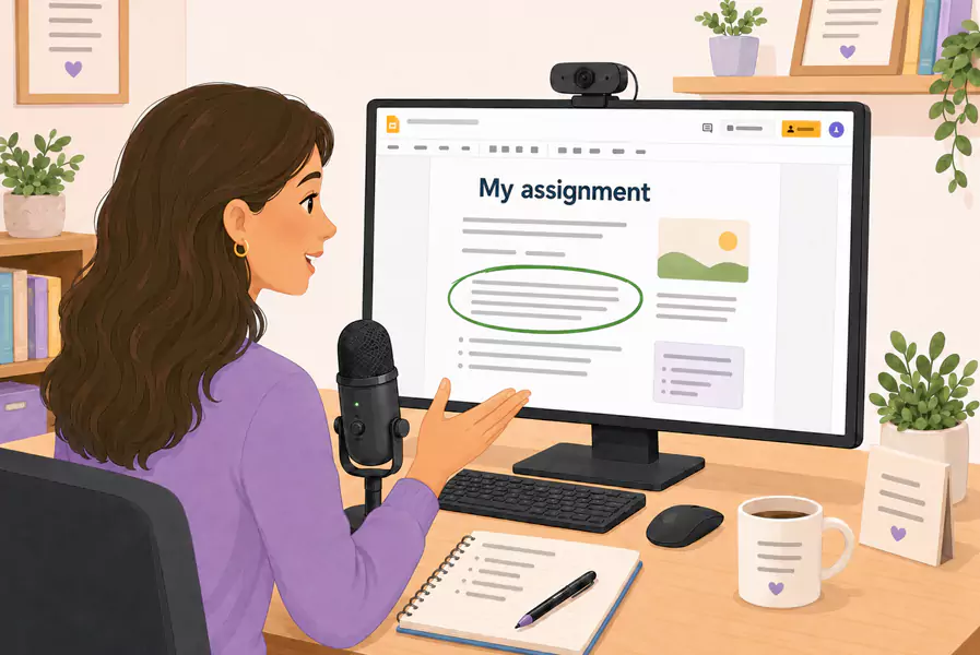 Teacher recording video feedback for a student