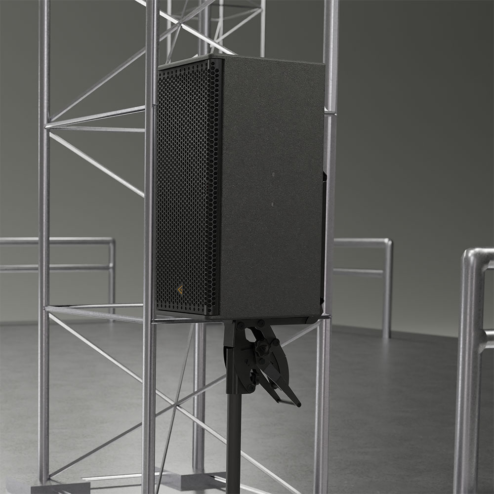 Speaker mounted on a metal truss structure