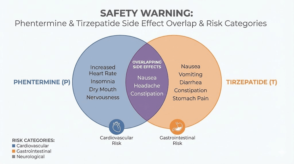Phentermine and tirzepatide combined side effects safety warning chart