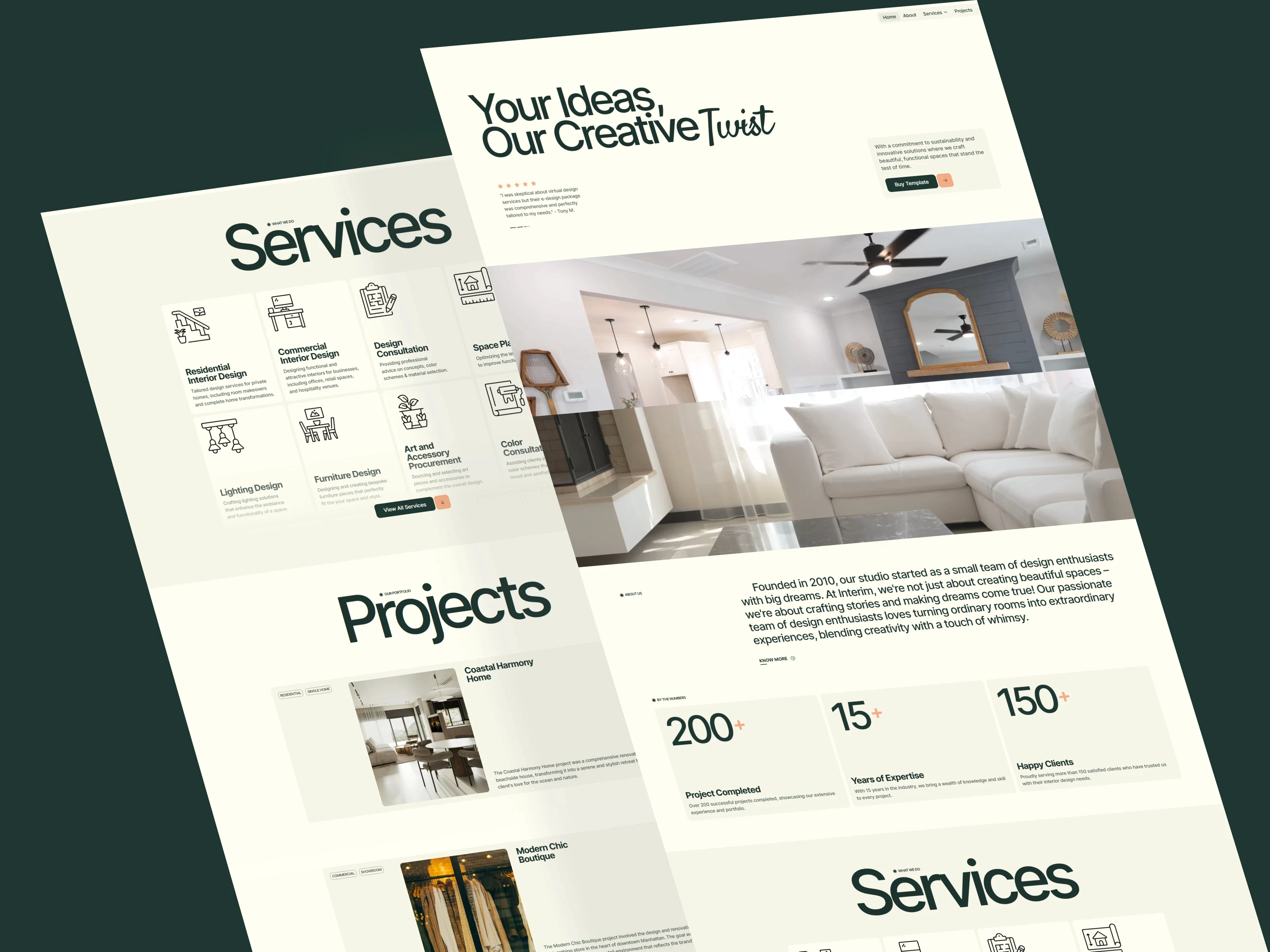 Interim interior design website mockup featuring cream UI and project galleries.