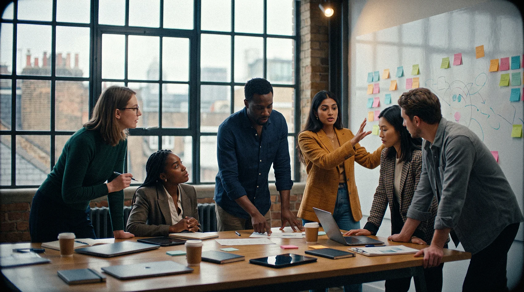 Diverse team workshopping audience planning at whiteboard with sticky notes and journey map - London multicultural growth