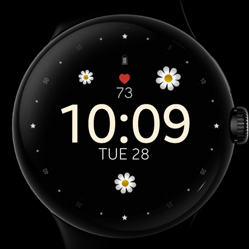 Pixel Watch displaying a minimal flower digital watch face
