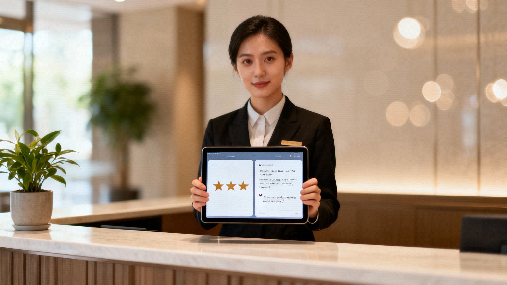 A hotel receptionist in uniform holds a tablet displaying a three-star customer review on a white counter.