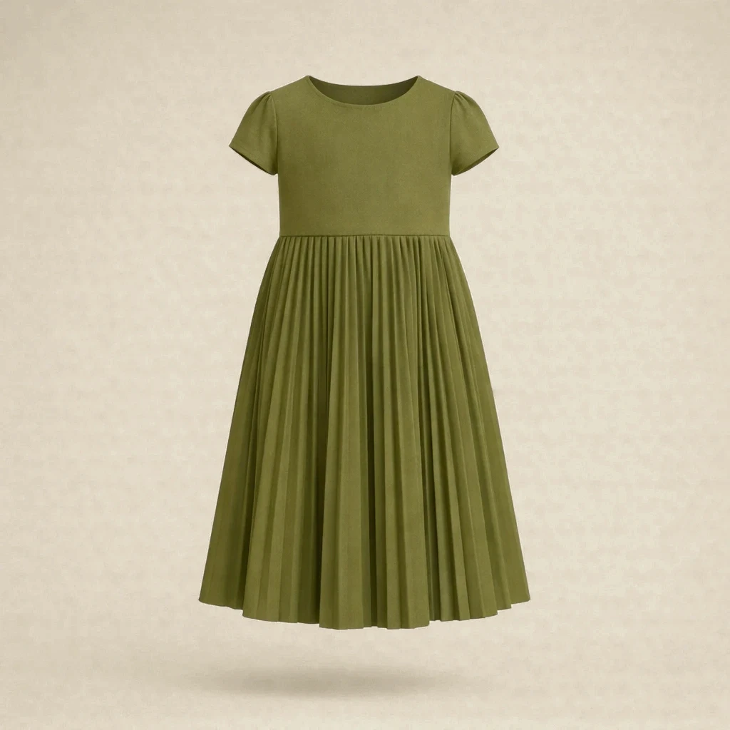 Pleated Midi Dress in Olive Fog