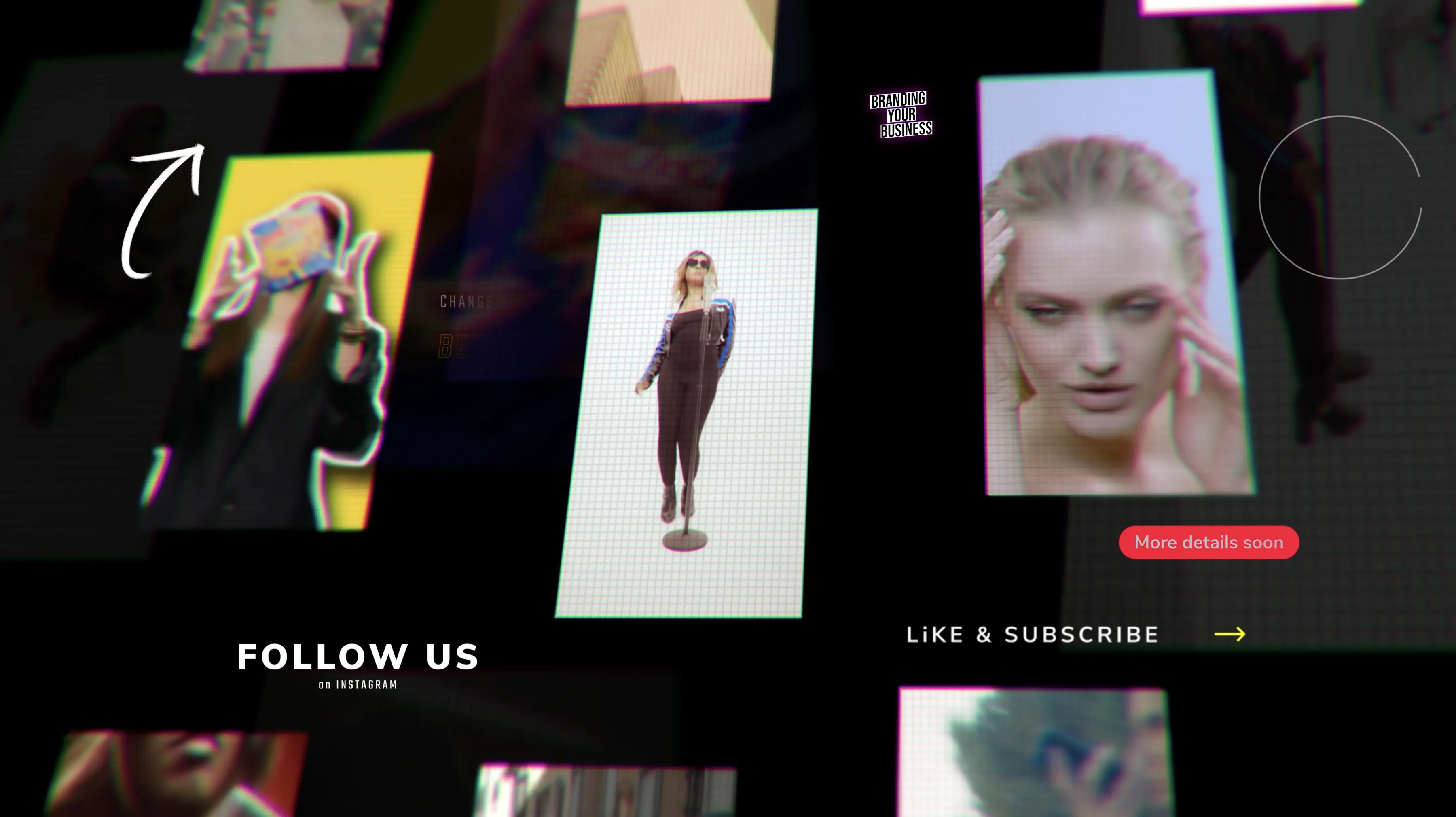 The image displays a dynamic collage featuring various individuals posing, surrounded by graphic elements such as arrows and text prompts like "Follow Us" and "More details soon," against a dark background designed to mimic a modern digital social media aesthetic.