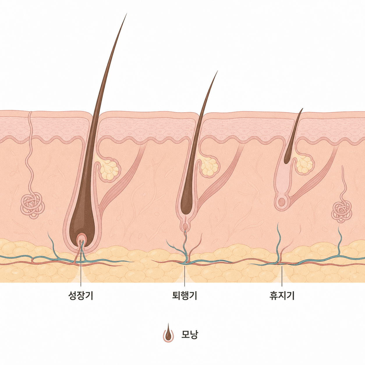 한 피부 안에서 단계가 다른 모낭들