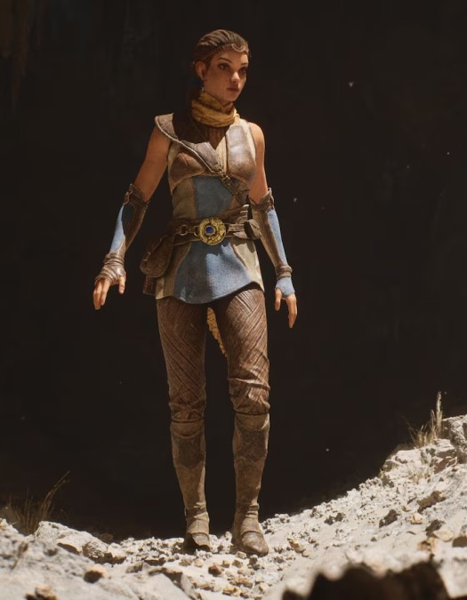 A female fantasy-style character stands on a rocky, sunlit slope at the edge of a dark cliffside.
