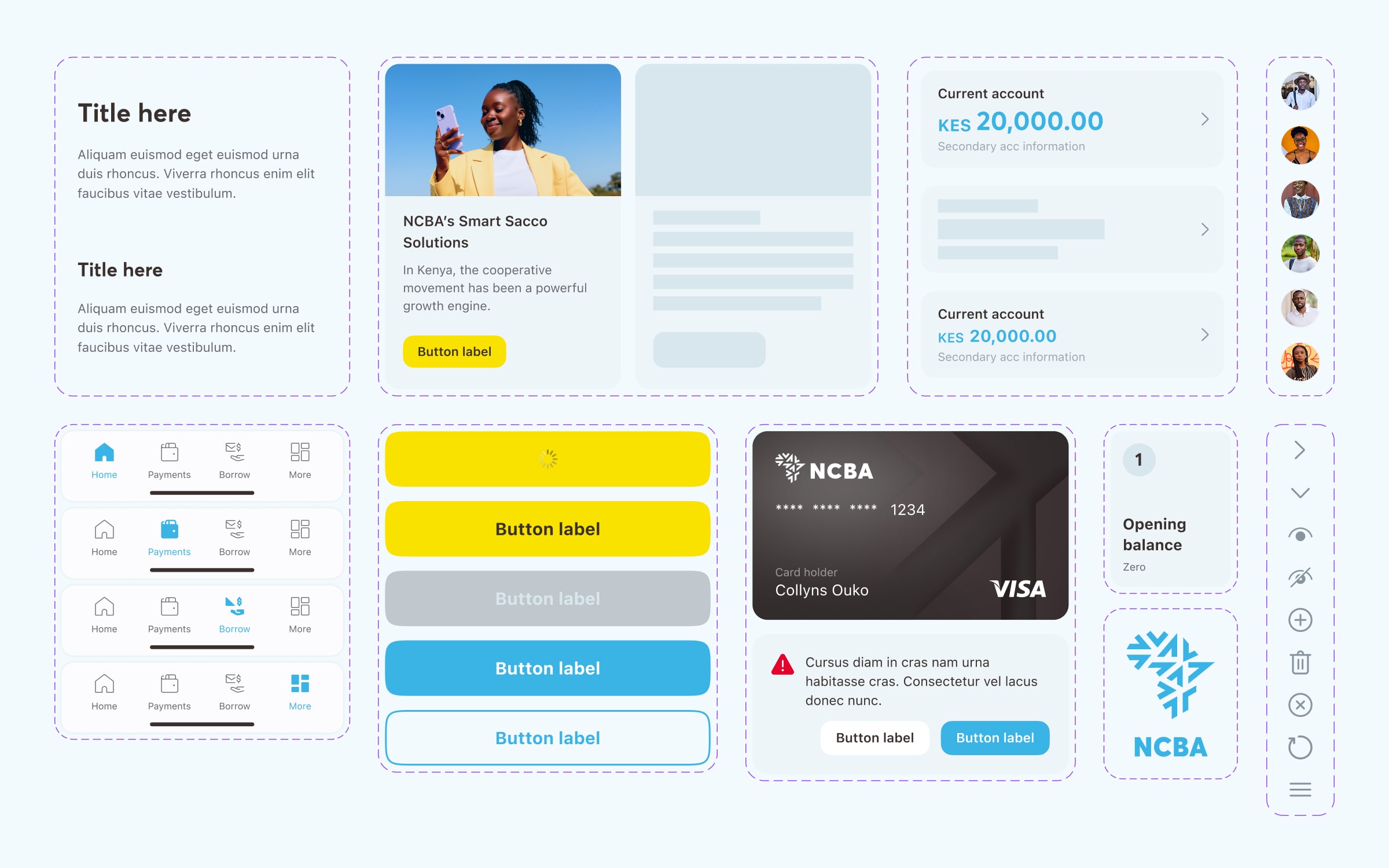 Component library spread showing content cards, navigation bar states, button variants, a Visa card component, account balance modules, and icon controls.