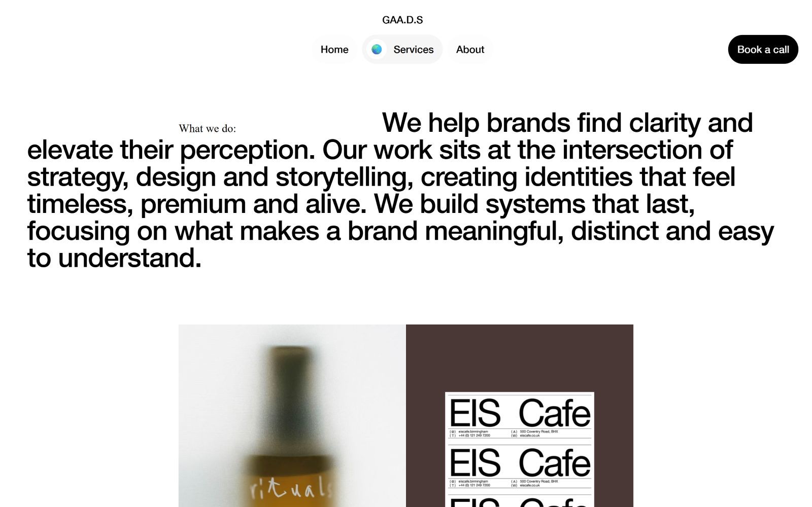 White page with black text on branding services. Blurred image of a spray bottle, and multiple "EIS Cafe" labels on the right.