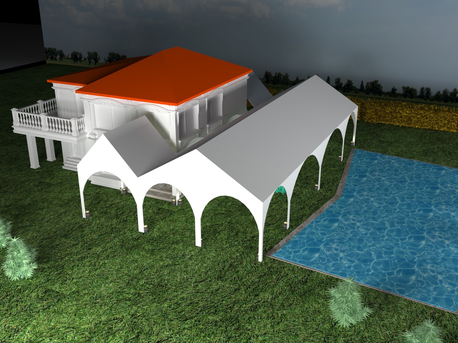 Rendu 3D en vue aérienne des tentes installées près de la piscine de la résidence