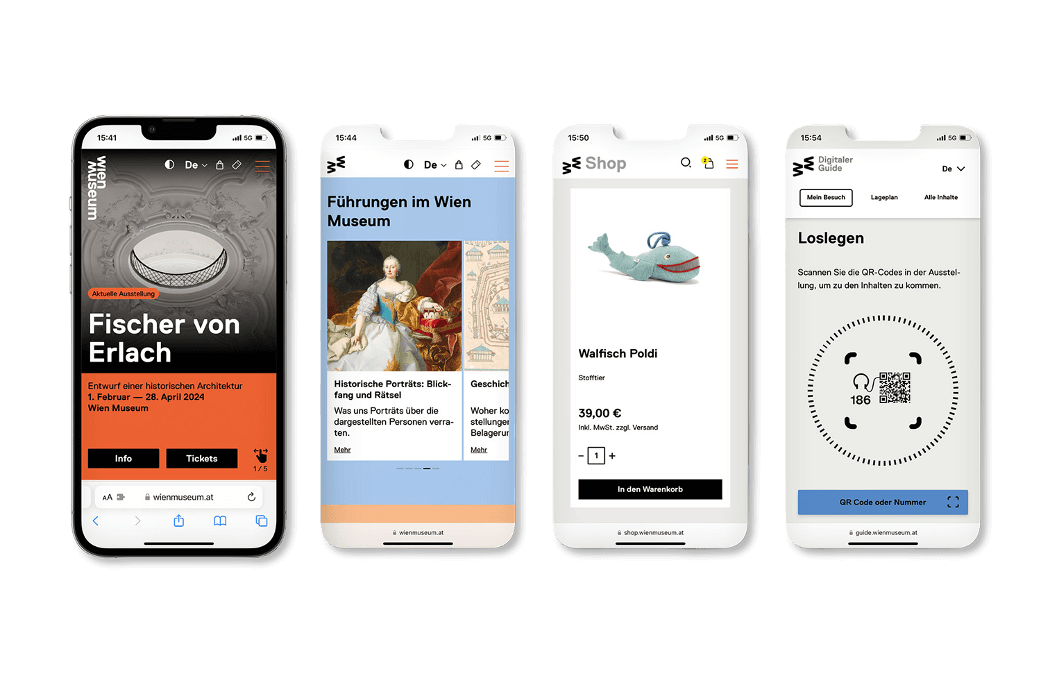 Mobile UX des Wien Museum mit Navigation, Ausstellungsinhalten, Shop und digitalem Guide