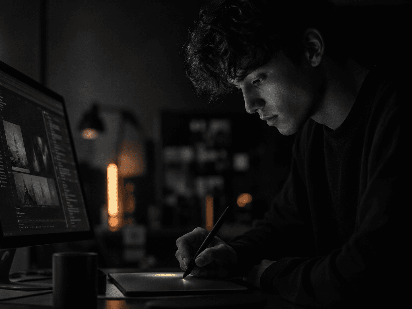 Young graphic designer working on a digital tablet and computer at night in a dimly lit creative studio.